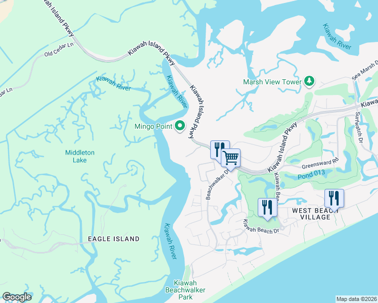 map of restaurants, bars, coffee shops, grocery stores, and more near 115 Bobcat Lane in Kiawah Island