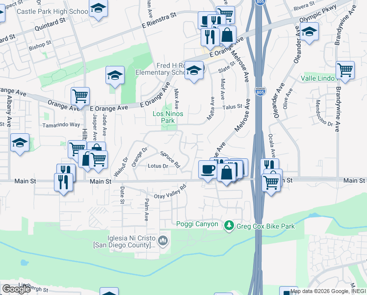 map of restaurants, bars, coffee shops, grocery stores, and more near 164 Spruce Road in Chula Vista
