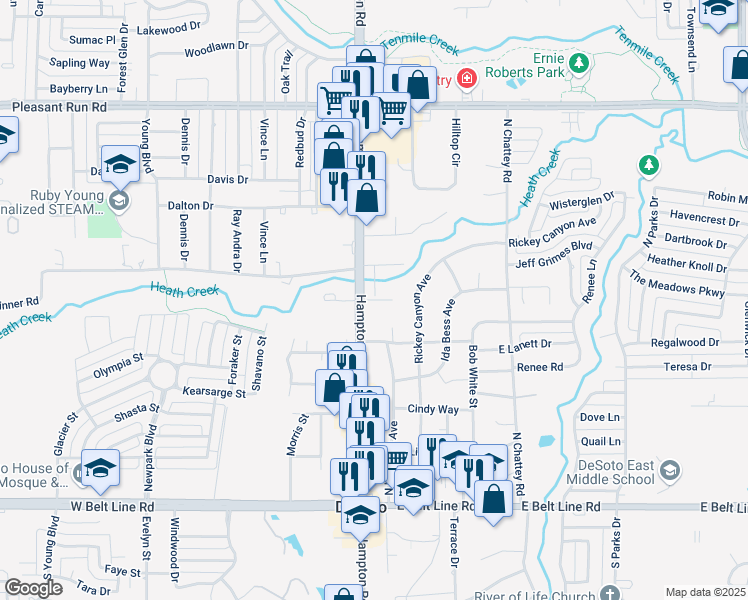 map of restaurants, bars, coffee shops, grocery stores, and more near 504 North Hampton Road in DeSoto