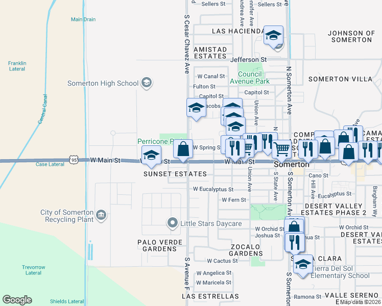 map of restaurants, bars, coffee shops, grocery stores, and more near 240 Cesar Chavez Avenue in Somerton