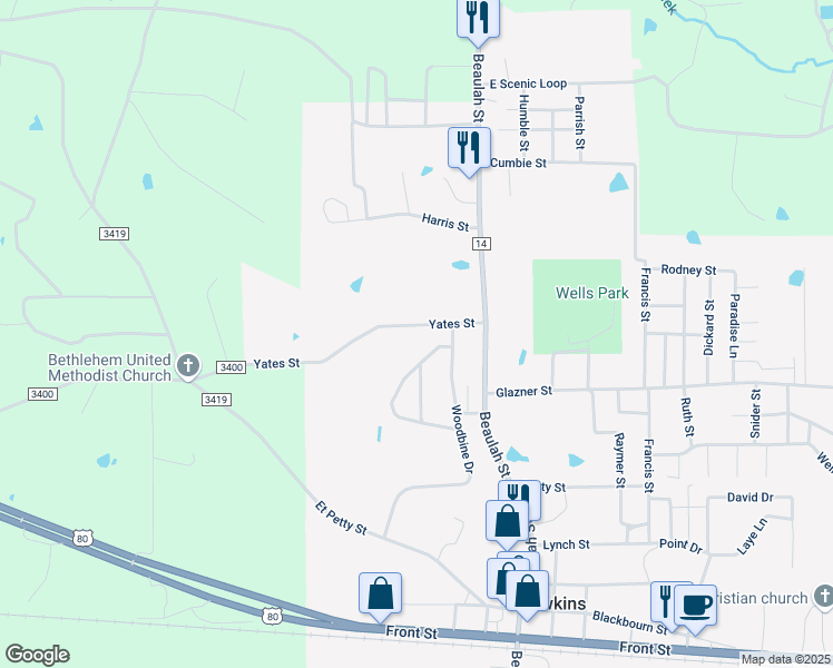 map of restaurants, bars, coffee shops, grocery stores, and more near 276 Rodessa Street in Hawkins