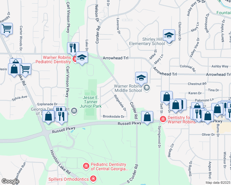 map of restaurants, bars, coffee shops, grocery stores, and more near 102 Ridgedale Drive in Warner Robins