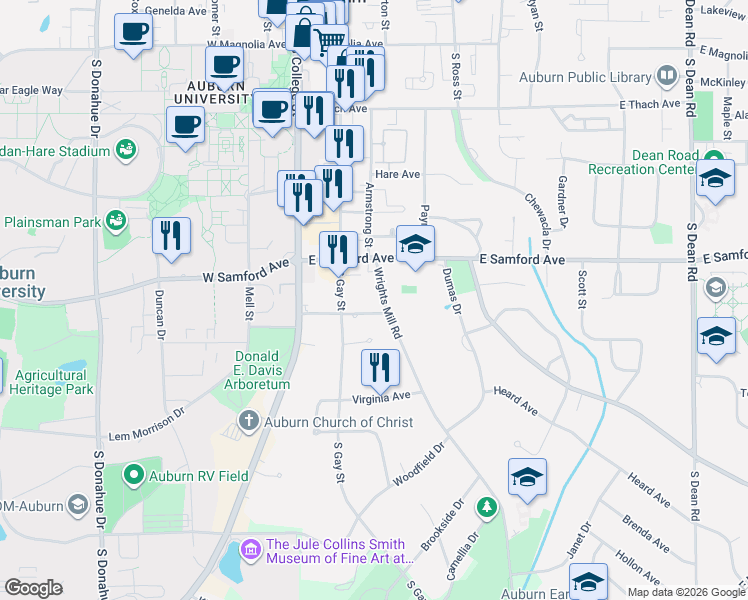 map of restaurants, bars, coffee shops, grocery stores, and more near 424 Wrights Mill Road in Auburn