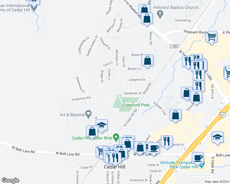 map of restaurants, bars, coffee shops, grocery stores, and more near 701 Monique Court in Cedar Hill