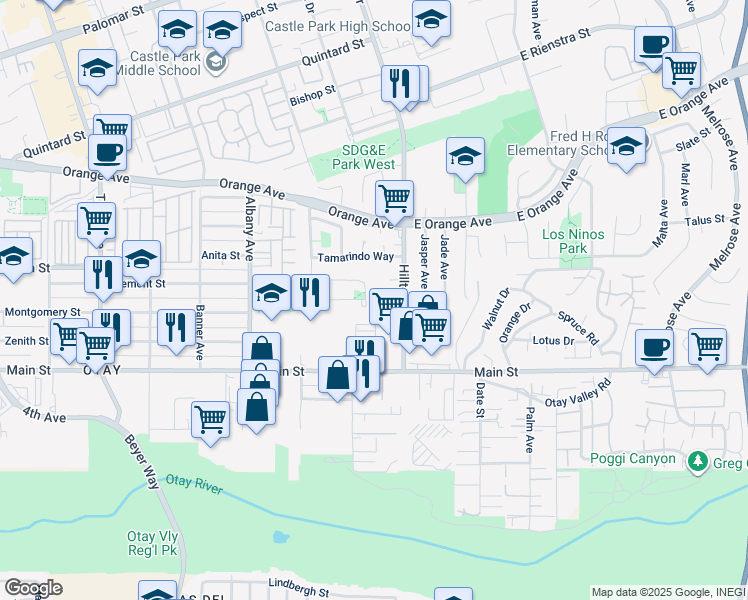map of restaurants, bars, coffee shops, grocery stores, and more near 3725 Festival Court in Chula Vista