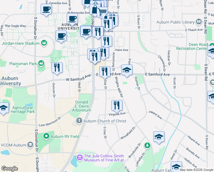 map of restaurants, bars, coffee shops, grocery stores, and more near 441 South Gay Street in Auburn
