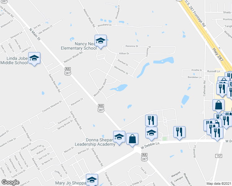 map of restaurants, bars, coffee shops, grocery stores, and more near Ravenwood Court in Mansfield