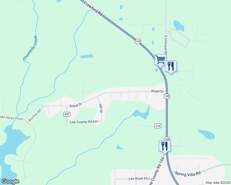 map of restaurants, bars, coffee shops, grocery stores, and more near 378-454 Royal Drive in Opelika