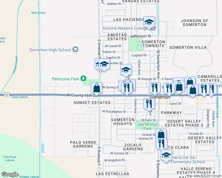 map of restaurants, bars, coffee shops, grocery stores, and more near 737 West Spring Street in Somerton