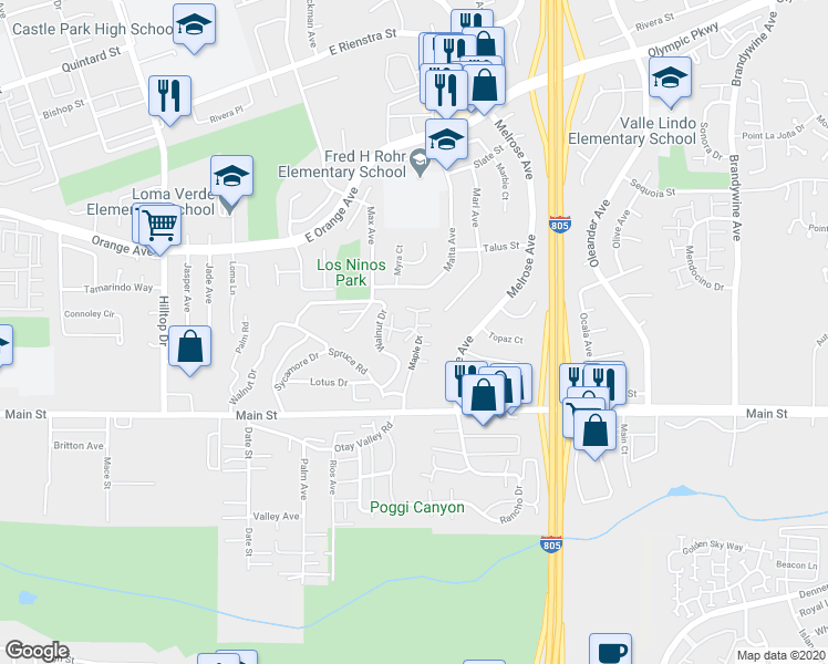 map of restaurants, bars, coffee shops, grocery stores, and more near 22 Maple Drive in Chula Vista