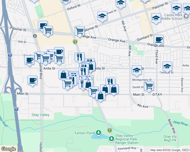 map of restaurants, bars, coffee shops, grocery stores, and more near 523 Anita Street in Chula Vista