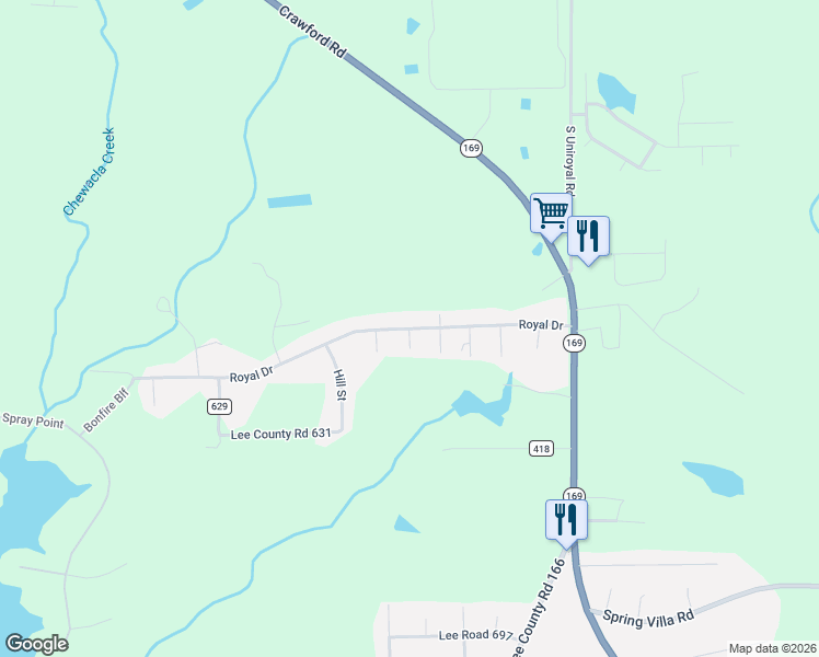 map of restaurants, bars, coffee shops, grocery stores, and more near 378 Royal Drive in Opelika