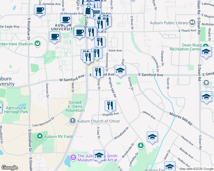 map of restaurants, bars, coffee shops, grocery stores, and more near 424 Wrights Mill Road in Auburn