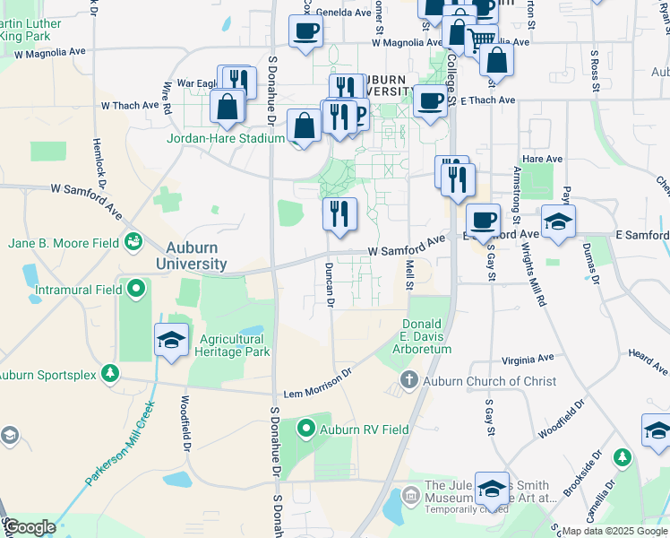 map of restaurants, bars, coffee shops, grocery stores, and more near 350 West Samford Avenue in Auburn
