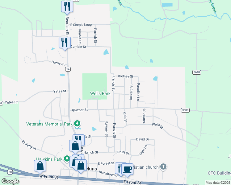 map of restaurants, bars, coffee shops, grocery stores, and more near 669 Francis Street in Hawkins