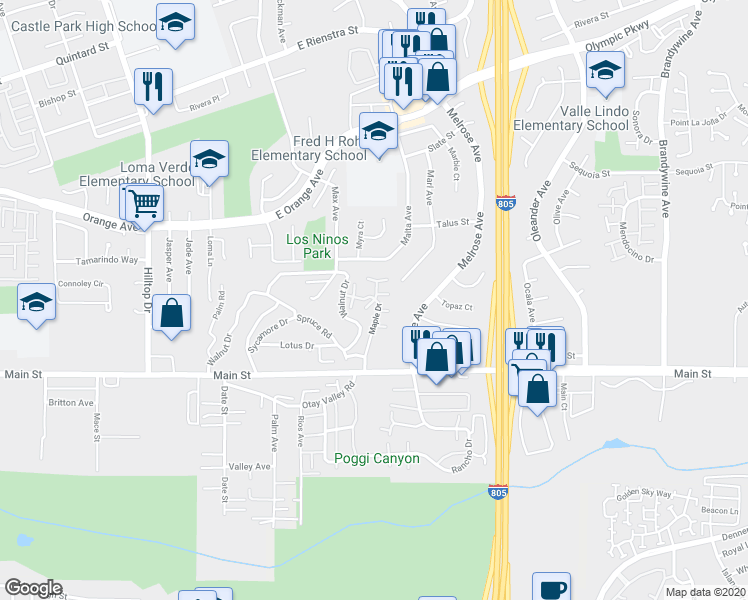 map of restaurants, bars, coffee shops, grocery stores, and more near in Chula Vista