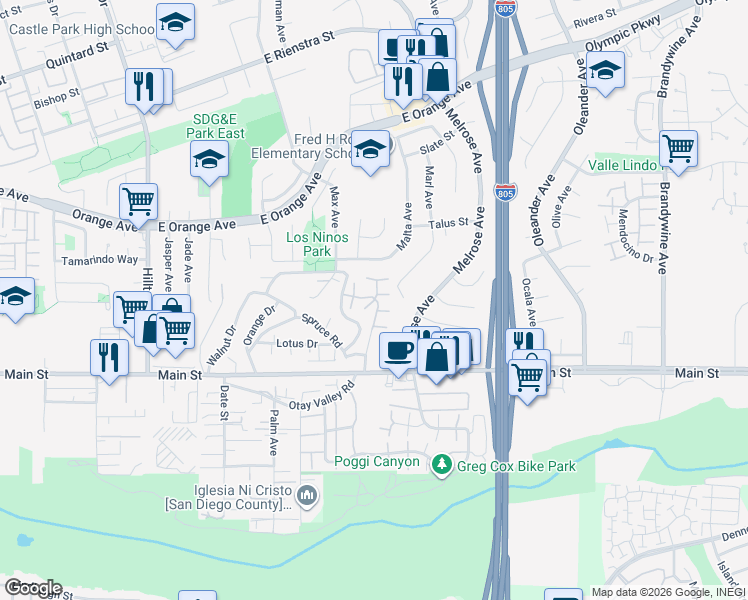 map of restaurants, bars, coffee shops, grocery stores, and more near 1640 Maple Drive in Chula Vista