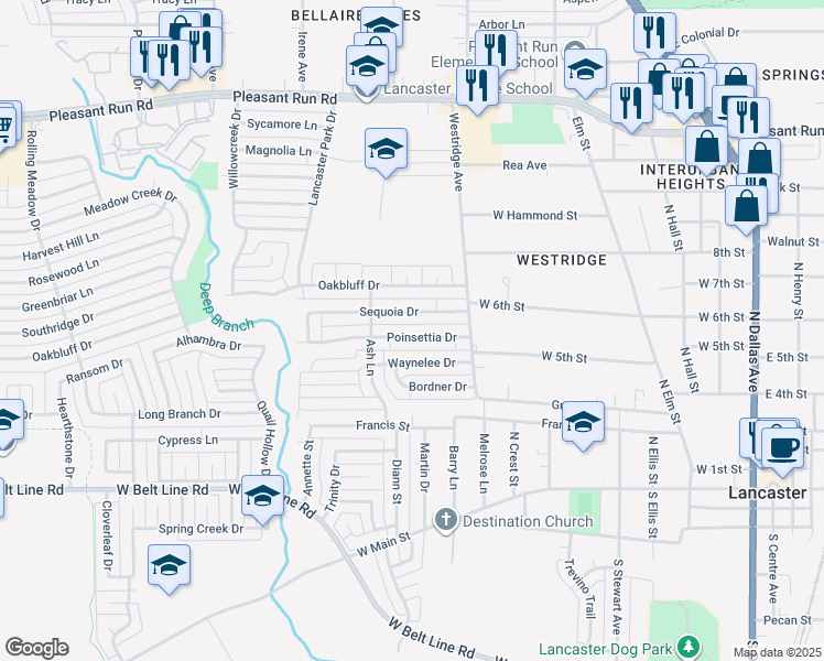 map of restaurants, bars, coffee shops, grocery stores, and more near 813 Poinsettia Drive in Lancaster