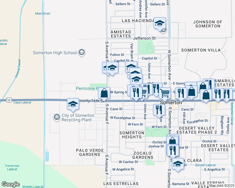 map of restaurants, bars, coffee shops, grocery stores, and more near 737 West Spring Street in Somerton