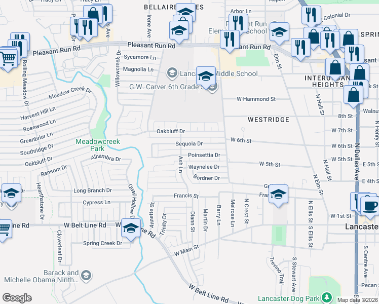 map of restaurants, bars, coffee shops, grocery stores, and more near 834 Sequoia Drive in Lancaster
