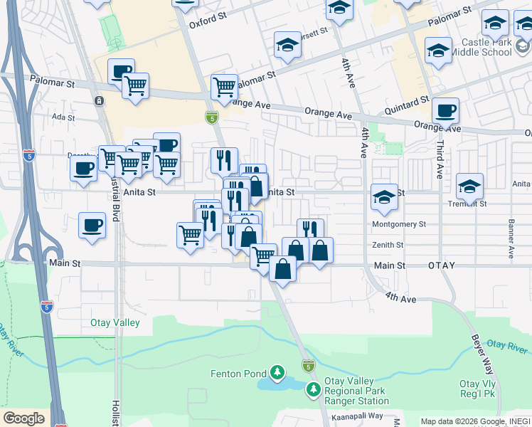 map of restaurants, bars, coffee shops, grocery stores, and more near 523 Anita Street in Chula Vista
