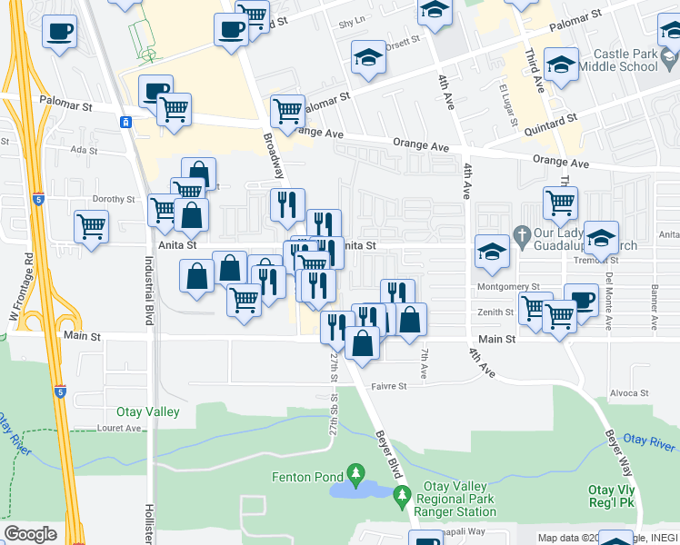 map of restaurants, bars, coffee shops, grocery stores, and more near 523 Anita Street in Chula Vista