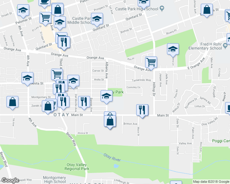 map of restaurants, bars, coffee shops, grocery stores, and more near 1613 Albany Avenue in Chula Vista