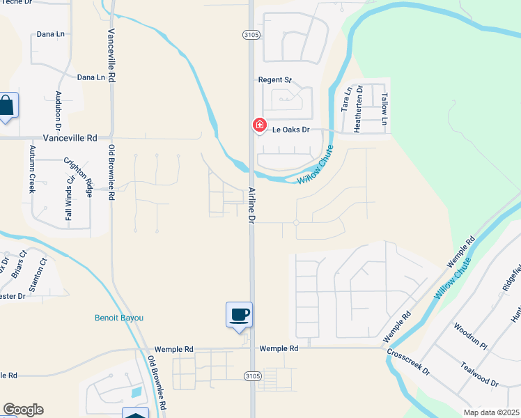 map of restaurants, bars, coffee shops, grocery stores, and more near 606 Hunter Crossing in Bossier City