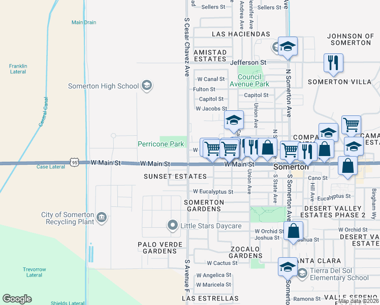 map of restaurants, bars, coffee shops, grocery stores, and more near 240 Cesar Chavez Avenue in Somerton