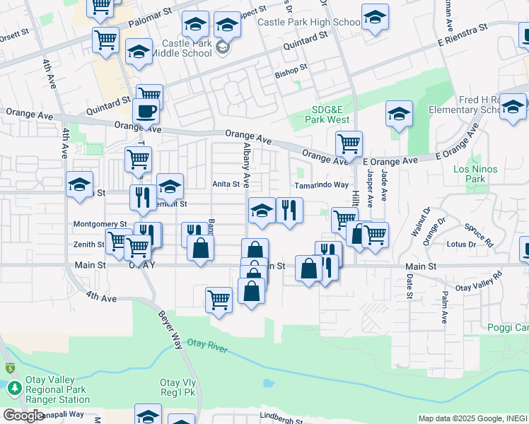 map of restaurants, bars, coffee shops, grocery stores, and more near 1611 Albany Avenue in Chula Vista