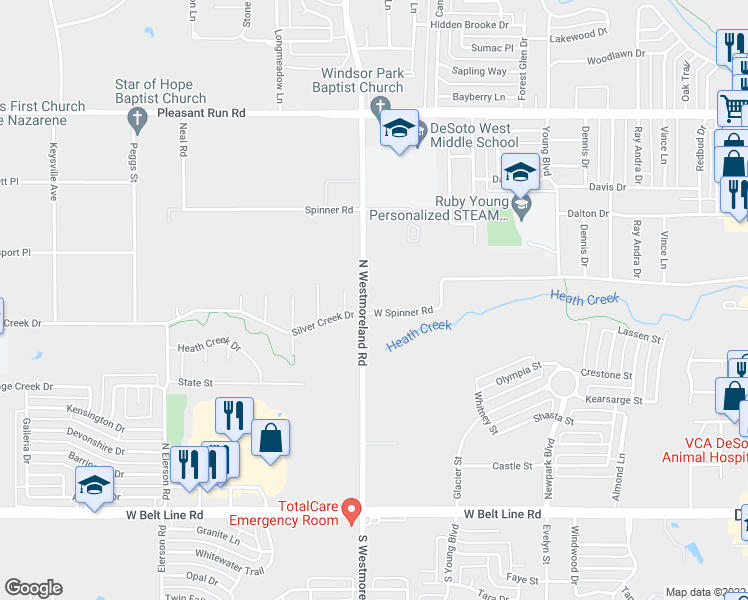 map of restaurants, bars, coffee shops, grocery stores, and more near 735 Spinner Rd in DeSoto