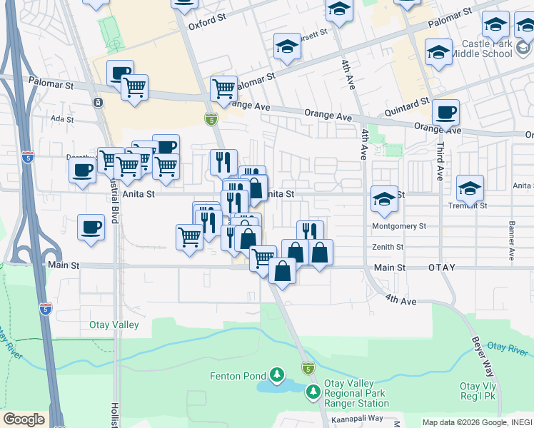 map of restaurants, bars, coffee shops, grocery stores, and more near 523 Anita Street in Chula Vista