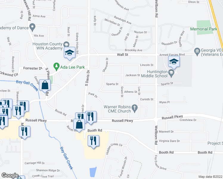 map of restaurants, bars, coffee shops, grocery stores, and more near 310 Athens Street in Warner Robins