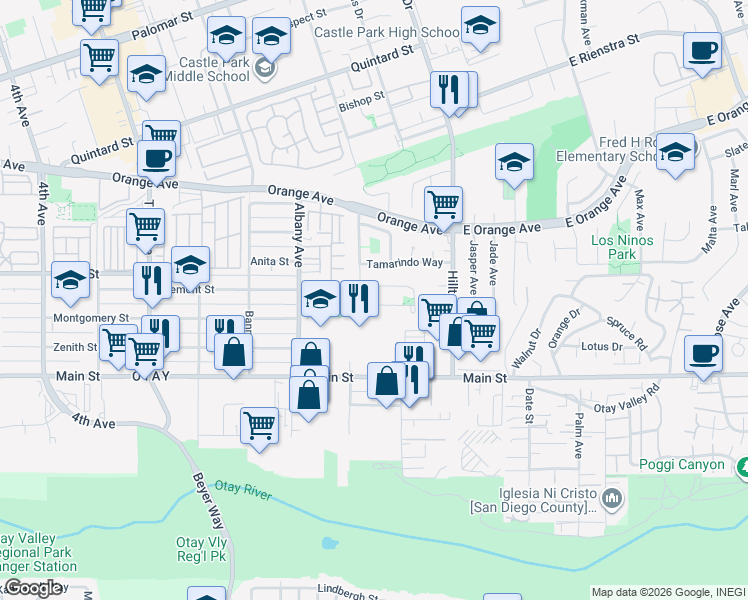 map of restaurants, bars, coffee shops, grocery stores, and more near 3 Connoley Circle in Chula Vista