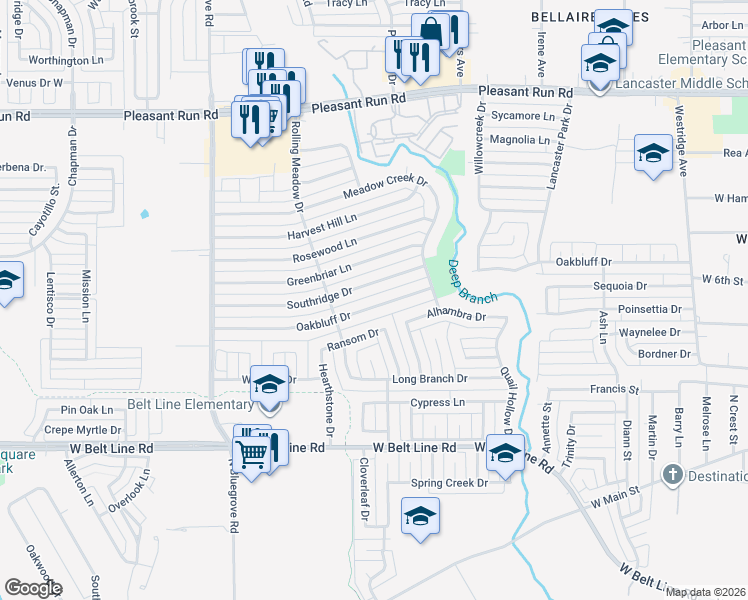 map of restaurants, bars, coffee shops, grocery stores, and more near 1205 Oakbluff Drive in Lancaster