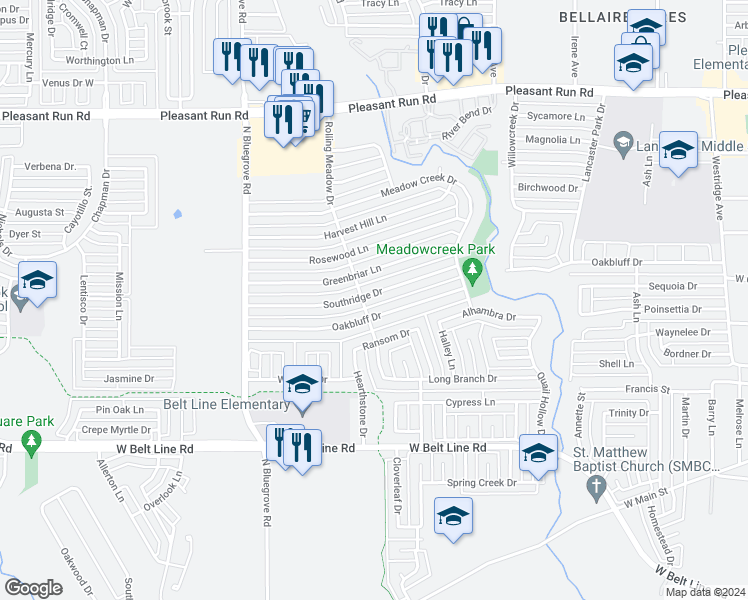 map of restaurants, bars, coffee shops, grocery stores, and more near 1230 Southridge Drive in Lancaster