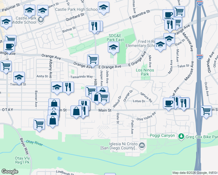 map of restaurants, bars, coffee shops, grocery stores, and more near 1621 Jade Avenue in Chula Vista