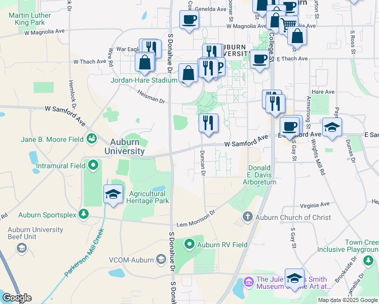 map of restaurants, bars, coffee shops, grocery stores, and more near 551 West Samford Avenue in Auburn