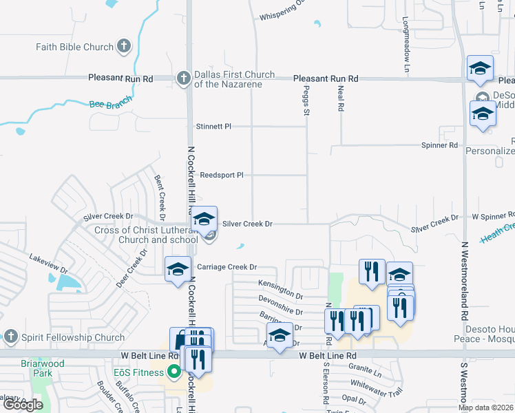 map of restaurants, bars, coffee shops, grocery stores, and more near 1137 Silver Creek Drive in DeSoto