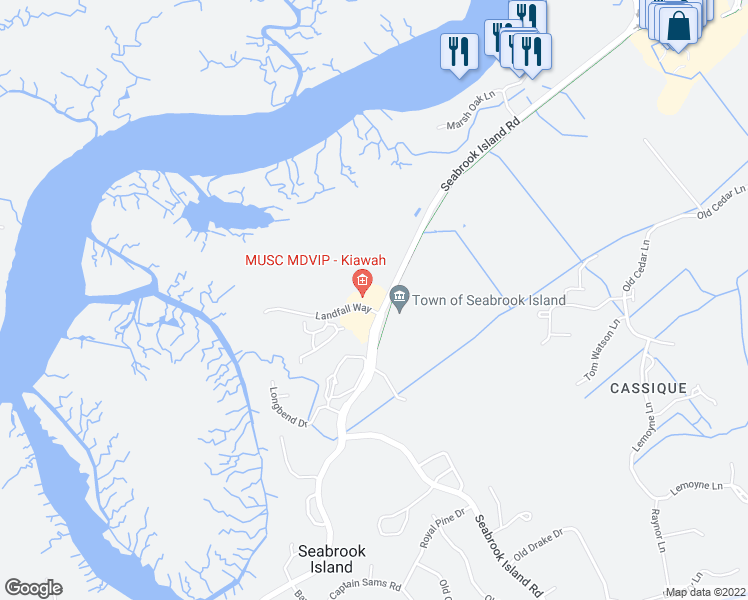 map of restaurants, bars, coffee shops, grocery stores, and more near 1001 Landfall Way in Seabrook Island