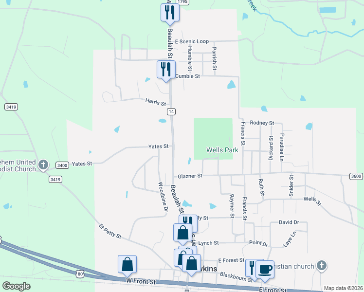 map of restaurants, bars, coffee shops, grocery stores, and more near 850 Beaulah Street in Hawkins