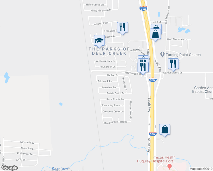 map of restaurants, bars, coffee shops, grocery stores, and more near 429 Fairbrook Lane in Fort Worth