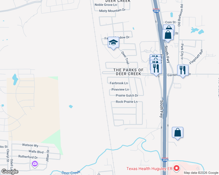 map of restaurants, bars, coffee shops, grocery stores, and more near 513 Fairbrook Lane in Fort Worth