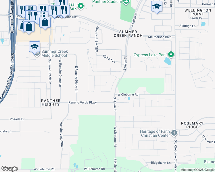 map of restaurants, bars, coffee shops, grocery stores, and more near 6 Boxelder Drive in Crowley