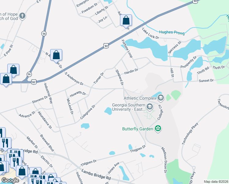 map of restaurants, bars, coffee shops, grocery stores, and more near 242 South Anderson Drive in Swainsboro
