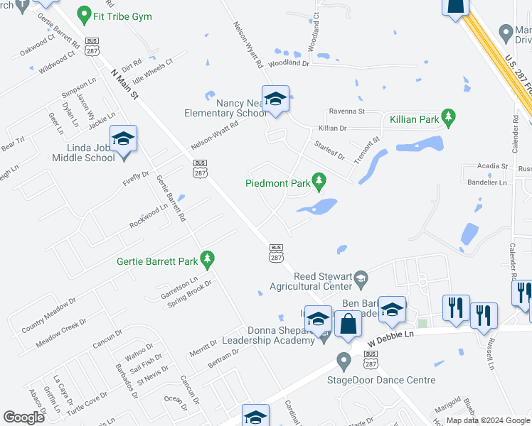 map of restaurants, bars, coffee shops, grocery stores, and more near 2305 Wood River Parkway in Mansfield