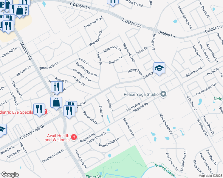 map of restaurants, bars, coffee shops, grocery stores, and more near 2316 Grimsley Terrace in Mansfield