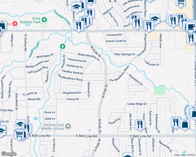 map of restaurants, bars, coffee shops, grocery stores, and more near 828 Heather Knoll Drive in DeSoto