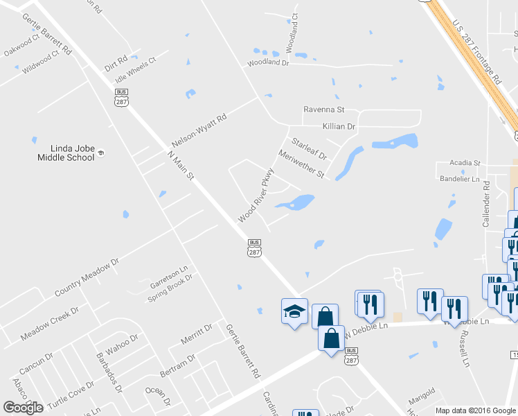 map of restaurants, bars, coffee shops, grocery stores, and more near 2402 Wood River Parkway in Mansfield