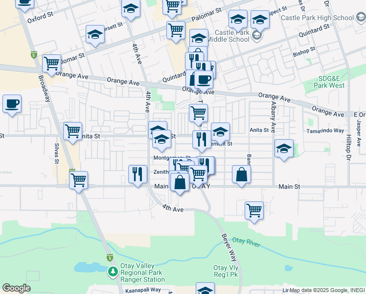 map of restaurants, bars, coffee shops, grocery stores, and more near 333 Tremont Street in Chula Vista